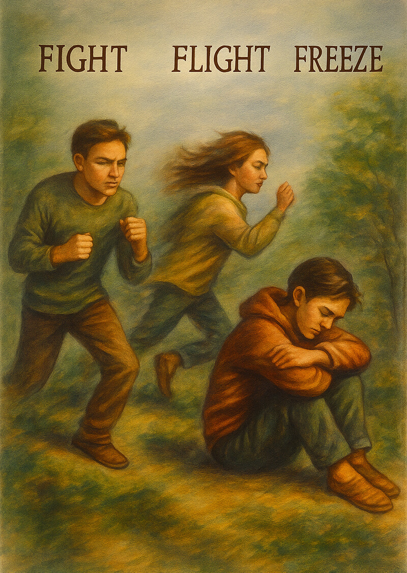 Fight, flight, and freeze responses used in Somatic Experiencing therapy to heal the nervous system.