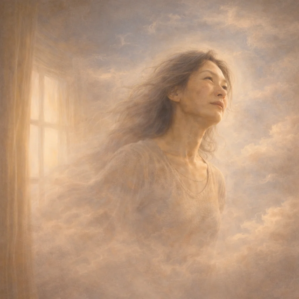 Woman appearing to drift out of her body, illustrating dissociation and disconnection from physical experience in trauma therapy